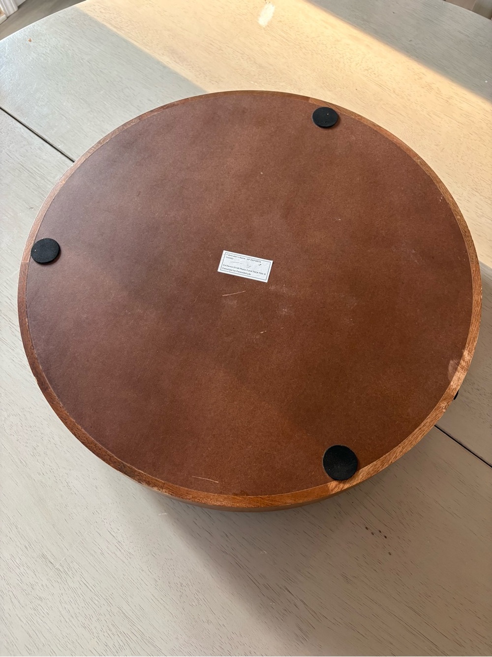 Round Wooden Serving Tray with Sunburst Inlay and Metal Handles - Picture 3 of 4